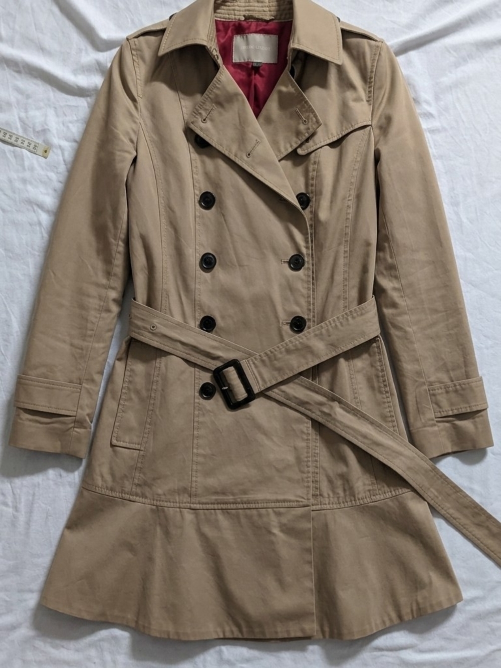 Banana Republic Double Breasted Ruffle Hem Trench Coat - Tan / Khaki, Size XS